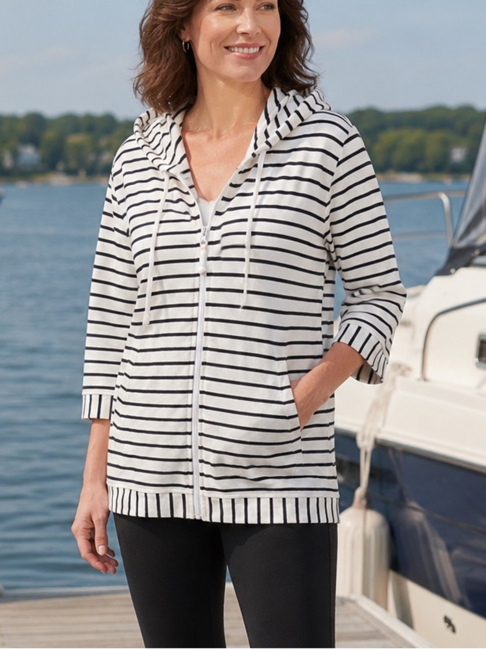 Talbots Striped Zip-Up Hooded Sweatshirt 3/4 sleeves XLP